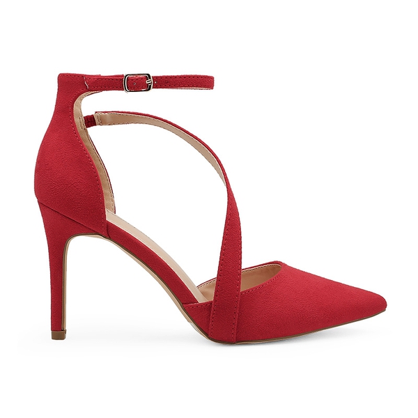Pointed Toe Ankle Strap High Heel Pump Shoes - RED SUEDE - 1